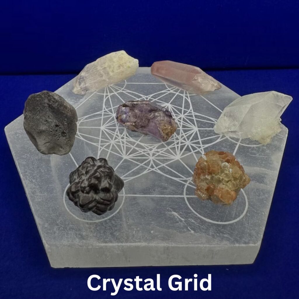 A crystal grid is composed of a specific arrangement of crystals that serve as conduits for energy, allowing users to manifest intentions and work with the unique properties of each stone.