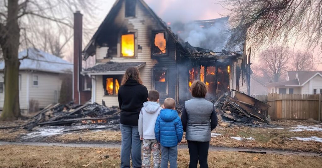 a family looking at their house burning into ashes